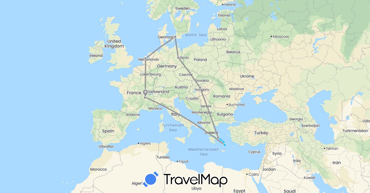 TravelMap itinerary: driving, plane, boat in Germany, Denmark, France, Greece, Hungary, Netherlands (Europe)
